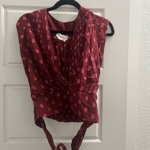 Anthropologie maroon patterned wrap top